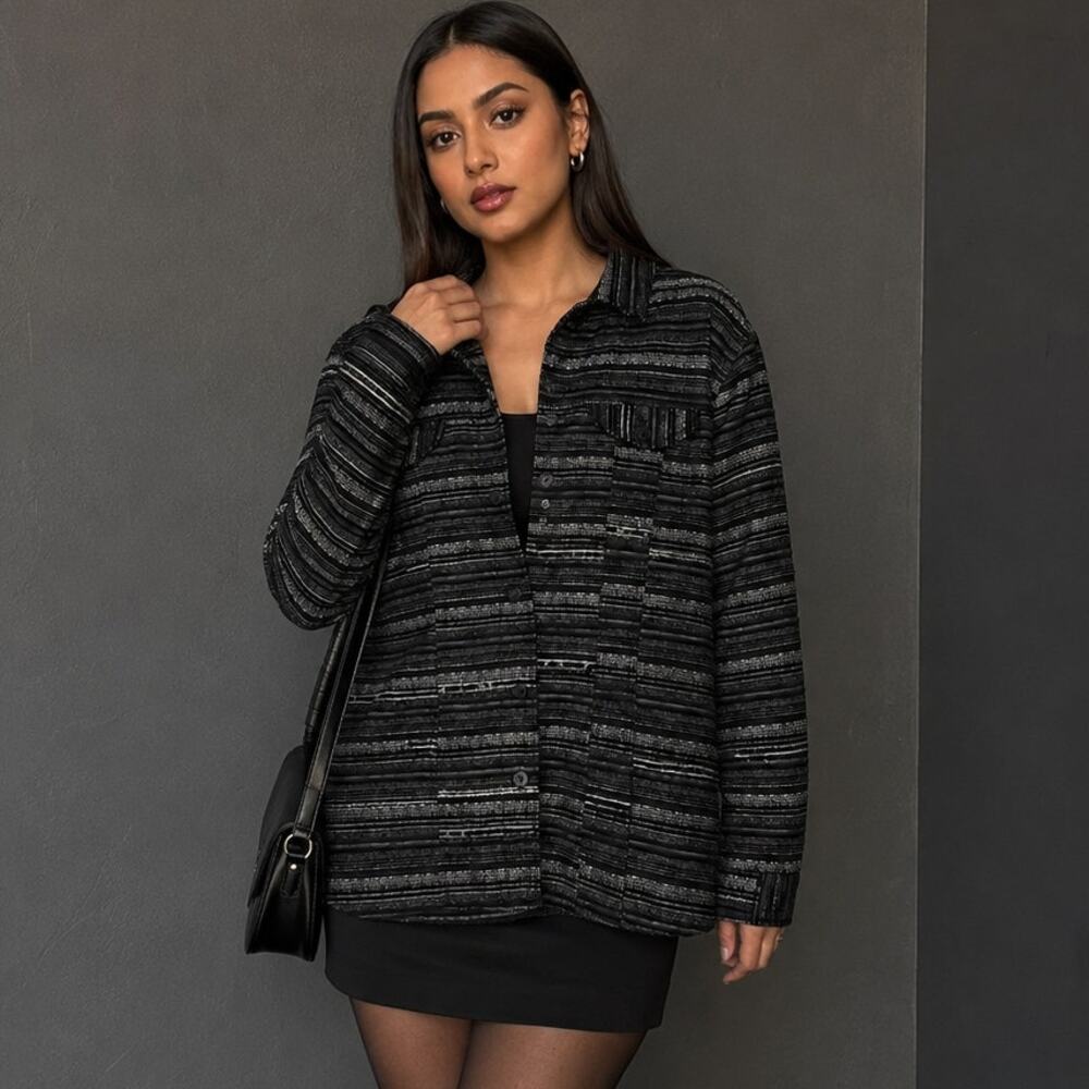 Chico’s Black Silver Metallic Striped Textured Shirt Jacket Size 3 XL